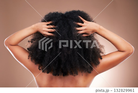 Hands in hair, black woman with afro and beauty, haircare and cosmetics with back on studio background. Female, natural cosmetic treatment with curly hairstyle, rear view and texture with grooming Hands in hair, black woman with afro and beauty, haircare and cosmetics with back on studio background. Female, natural cosmetic treatment with curly hairstyle, rear view and texture with grooming 132829961
