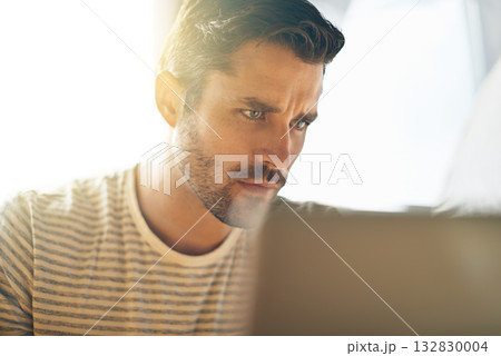 Remote work, laptop or man in cafe reading news online the stock market for trading report update. Coffee shop, entrepreneur or trader typing an email or networking on internet or digital website 132830004