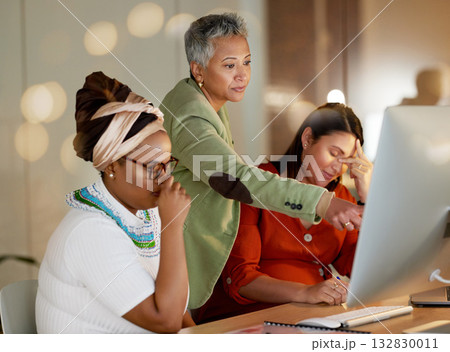 Stress, business people and fail, mistake or error on computer with women and manager in office. Deadline, glitch and startup failure by ladies with anxiety, email or bad news while working at night Stress, business people and fail, mistake or error on computer with women and manager in office. Deadline, glitch and startup failure by ladies with anxiety, email or bad news while working at night 132830011