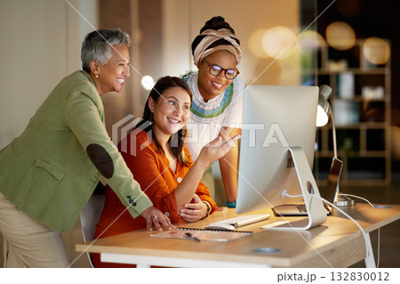Creative, collaboration and business women on computer at night in office for teamwork, planning or design. Lady, partnership or designer team coworking on online project, vision or proposal strategy Creative, collaboration and business women on computer at night in office for teamwork, planning or design. Lady, partnership or designer team coworking on online project, vision or proposal strategy 132830012
