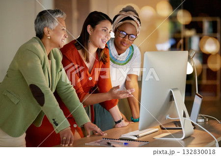 Computer, business and a woman manager with her team, working in collaboration at the office at night. Teamwork, diversity and coaching with a senior female manager training her staff at work Computer, business and a woman manager with her team, working in collaboration at the office at night. Teamwork, diversity and coaching with a senior female manager training her staff at work 132830018