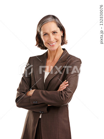 Portrait, business woman and happy with arms crossed in studio isolated on a white background. Face, boss and mature female ceo, professional or executive from Australia with smile for confidence. Portrait, business woman and happy with arms crossed in studio isolated on a white background. Face, boss and mature female ceo, professional or executive from Australia with smile for confidence. 132830076