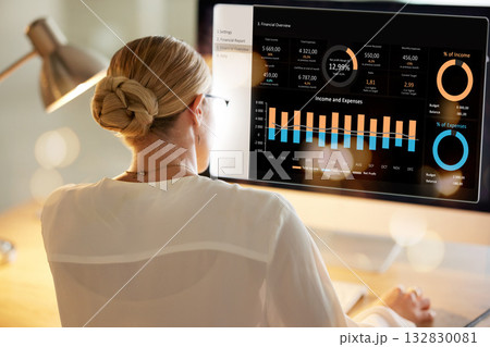 Business woman, screen or computer data analytics in night office for financial planning, company budget or startup accounting. Chart, graph or infographic on technology for finance worker in evening 132830081