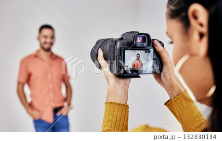 Woman, studio photography and camera with man, model and vision for fashion, magazine or designer. Photographer girl, focus and workspace with background, ideas and photoshoot for clothes design blog Woman, studio photography and camera with man, model and vision for fashion, magazine or designer. Photographer girl, focus and workspace with background, ideas and photoshoot for clothes design blog 132830134