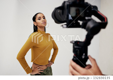 Photography, woman and cameraman or photographer with fashion model in studio for creative, capture and shoot. Media, backstage and professional man with camera, equipment and girl for photoshoot 132830135