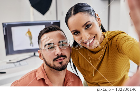 Selfie, digital studio and photographer people with fashion design update, social media post and influencer blog. Black woman or couple of friends with photography career and profile picture portrait 132830140
