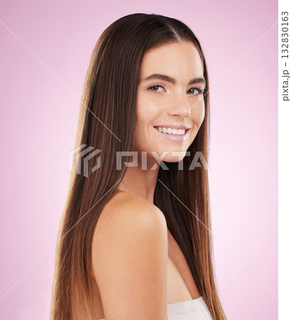 Hair, beauty and woman with face and haircare, healthy skin and keratin treatment on pink background. Cosmetics shine, grooming and hairstyle, dandruff free and cosmetic care with smile and skincare Hair, beauty and woman with face and haircare, healthy skin and keratin treatment on pink background. Cosmetics shine, grooming and hairstyle, dandruff free and cosmetic care with smile and skincare 132830163