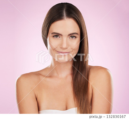 Hair, beauty and woman, smile in portrait with haircare, skin and keratin treatment on pink background. Cosmetics shine, grooming and hairstyle, dandruff free with cosmetic care and female in makeup 132830167