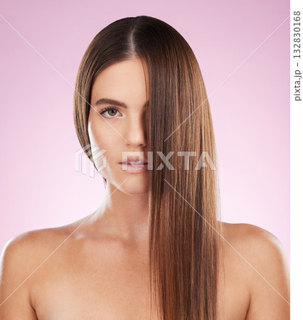 Hair, face and beauty and woman in portrait for haircare, skincare and keratin treatment on pink background. Cosmetics, grooming and hairstyle, dandruff free and makeup, female with healthy skin 132830168