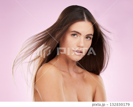 Hair care, beauty and woman in portrait, skin and skincare with keratin treatment on pink background. Cosmetics shine, grooming and hairstyle, dandruff free and cosmetic care, female face and glow Hair care, beauty and woman in portrait, skin and skincare with keratin treatment on pink background. Cosmetics shine, grooming and hairstyle, dandruff free and cosmetic care, female face and glow 132830179