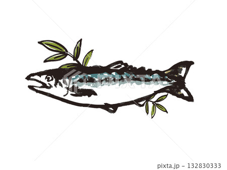鮭　墨絵　イラスト 132830333