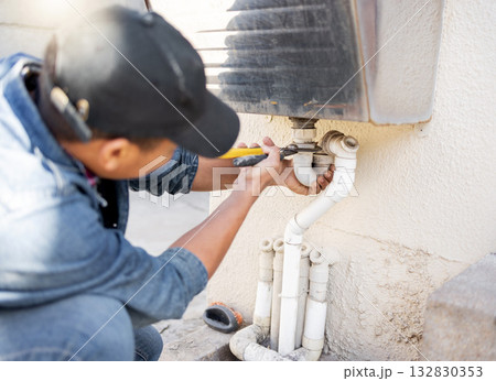 Man, plumber and wrench for water pipes of building maintenance, renovation and builder service. Handyman, pipeline and plumbing tools for leak, drainage and installation of system, sink and repair Man, plumber and wrench for water pipes of building maintenance, renovation and builder service. Handyman, pipeline and plumbing tools for leak, drainage and installation of system, sink and repair 132830353
