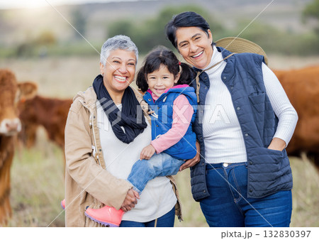 Farm, agriculture and portrait of grandparents with girl in countryside for farming, livestock and agro. Sustainability, family and child with cows for farmer, animal produce and eco friendly ranch 132830397