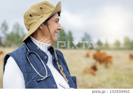 Farm, vet and mockup with a woman outdoor on a field for agriculture, sustainability or animal health. Doctor, veterinary and healthcare with a female medicine professional in the countryside 132830402