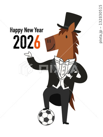 サッカーボールを踏んでポーズをとった馬の年賀状用ベクターイラスト 132830515
