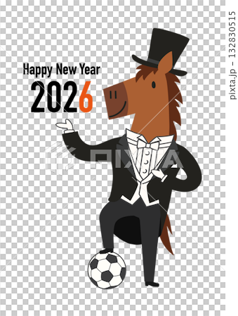 新年賀卡向量插圖，描繪了一匹馬踩在足球上擺姿勢的場景。 132830515