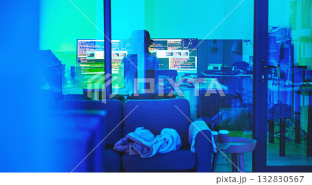 Programmer, back or computer screen in neon programming, cybersecurity ransomware or SEO night phishing in basement. Hacker, developer or woman on technology coding for dark software, iot bug or scam Programmer, back or computer screen in neon programming, cybersecurity ransomware or SEO night phishing in basement. Hacker, developer or woman on technology coding for dark software, iot bug or scam 132830567