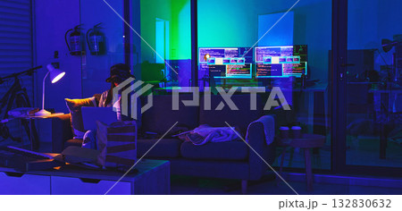 Hacker, cyber security and code with woman, dark with computer screen and hacking, digital scam with technology abstract. Firewall, neon and crime with female, programming and malware with virus Hacker, cyber security and code with woman, dark with computer screen and hacking, digital scam with technology abstract. Firewall, neon and crime with female, programming and malware with virus 132830632