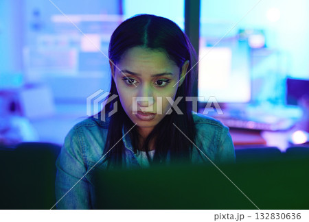 Woman, computer or stress face in neon house with cybersecurity ransomware, night phishing or code crisis. Developer, technology or 404 glitch for anxiety, worry or scared programmer with safety scam Woman, computer or stress face in neon house with cybersecurity ransomware, night phishing or code crisis. Developer, technology or 404 glitch for anxiety, worry or scared programmer with safety scam 132830636