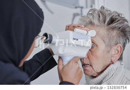Optometrist, eye test and senior woman patient in healthcare checkup for sight or vision at optometry clinic. Female optician checking eyes of elderly customer in examination for visual aid or help 132830754