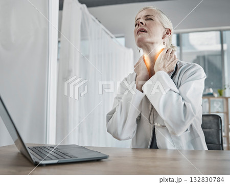 Injury, burnout and a doctor with neck pain, inflammation and stress from healthcare work. Anxiety, problem and tired mature medical professional with a painful body, stressed and tense from career 132830784