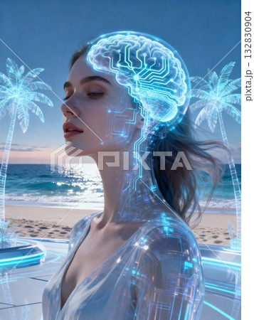 脳回路が可視化された未来的な女性とビーチ風景 脳回路が可視化された未来的な女性とビーチ風景 132830904