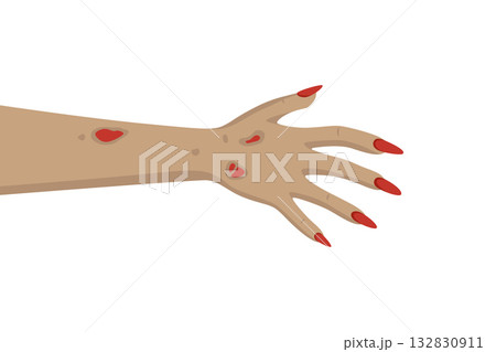 Zombie Hand with Scratches and Long Nails, Vector Illustration. Creepy Halloween Zombie Hand. Scary Undead Arm for Horror Design, Costume Party, Poster, Halloween Decor Zombie Hand with Scratches and Long Nails, Vector Illustration. Creepy Halloween Zombie Hand. Scary Undead Arm for Horror Design, Costume Party, Poster, Halloween Decor 132830911