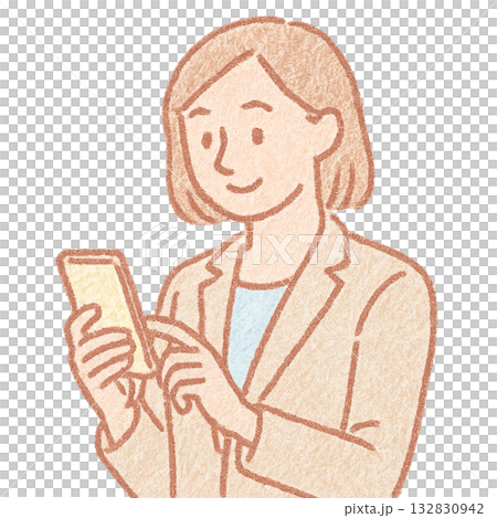 一幅女性使用智慧型手機的插圖，女性在商務場合使用智慧型手機，智慧型手機以水彩風格繪製。 132830942