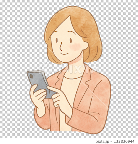 一幅女性使用智慧型手機的插圖，女性在商務場合使用智慧型手機，智慧型手機以水彩風格繪製。 132830944