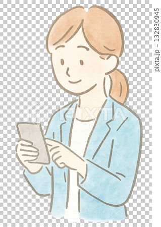 一幅女性使用智慧型手機的插圖，女性在商務場合使用智慧型手機，智慧型手機以水彩風格繪製。 132830945