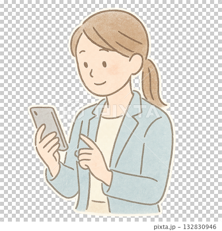 Illustration of a woman operating a smartphone, a woman using a smartphone in a business setting, a smartphone drawn in watercolor style 132830946