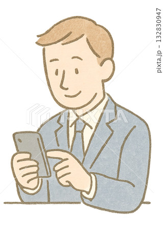 スマートフォンを操作する男性のイラスト、 ビジネスシーンでスマホを使う男性、 水彩風で描かれたスマホ 132830947