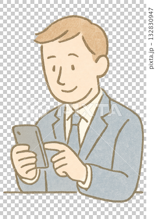 一幅描繪男子操作智慧型手機的插圖，男子在商務場合使用智慧型手機，智慧型手機以水彩風格繪製。 132830947