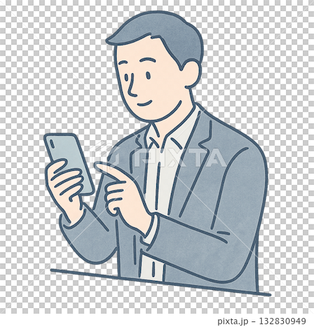 Illustration of a man operating a smartphone, a man using a smartphone in a business setting, a smartphone drawn in watercolor style 132830949