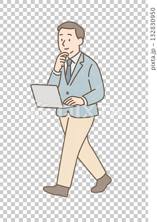 歩きながらノートパソコンを操作する男性のイラスト、 外出先で仕事をするビジネスマンのイメージ、 水彩 132830950