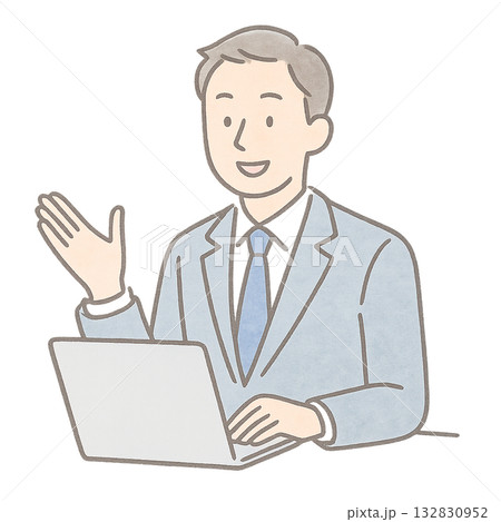 ノートパソコンを使う男性のイラスト、 オンライン会議に参加する男性ビジネスマン、 水彩風で描かれたパ 132830952