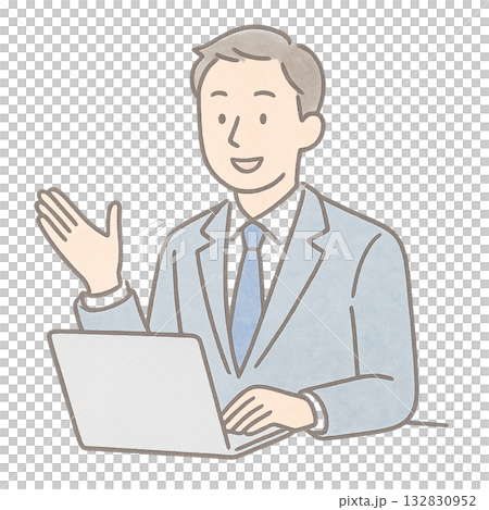 ノートパソコンを使う男性のイラスト、 オンライン会議に参加する男性ビジネスマン、 水彩風で描かれたパ 132830952