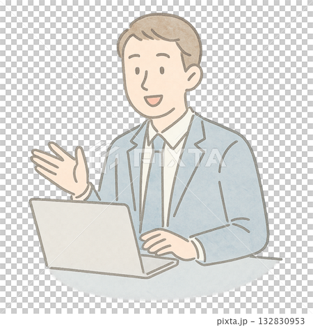 A man speaking at an online conference, explaining using a computer, a business presentation style illustration 132830953