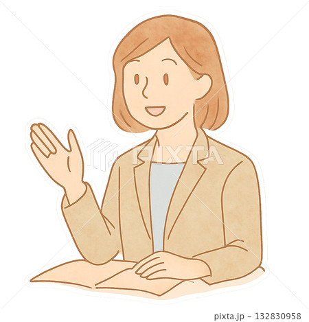 会議で説明する女性のイラスト、 丁寧に説明する女性ビジネスパーソン、 水彩風で描かれた話す女性のやさ 132830958