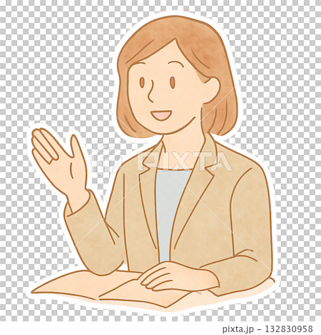 Illustration of a woman explaining at a meeting, a female business person explaining carefully, a gentle woman speaking in watercolor style 132830958