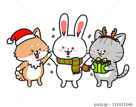 クリスマスパーティで盛り上がる犬猫兎トリオのイラスト素材