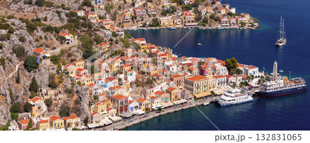 Panoramic view of Symi town from hillside, Symi, Greece 132831065