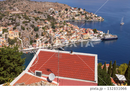 Panoramic view of Symi town from hillside, Symi, Greece 132831066
