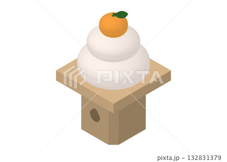 三方にのった鏡餅のアイソメトリックイラスト（お正月・年賀・和風デザイン素材） 132831379