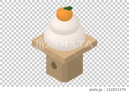 三方にのった鏡餅のアイソメトリックイラスト（お正月・年賀・和風デザイン素材） 132831379