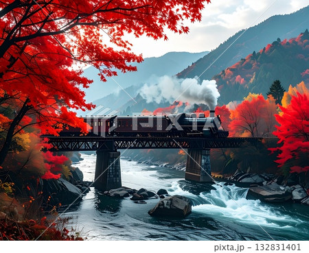 【AI生成画像】イラスト風　紅葉の中を走り抜ける汽車 132831401