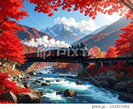【AI生成画像】イラスト風　紅葉の中を走り抜ける汽車 132831402