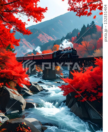 【AI生成画像】イラスト風　紅葉の中を走り抜ける汽車 132831404