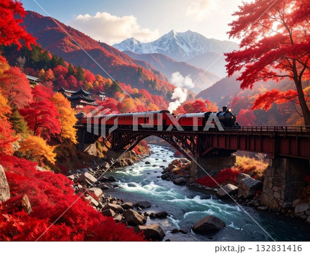 【AI生成画像】イラスト風　紅葉の中を走り抜ける汽車 132831416