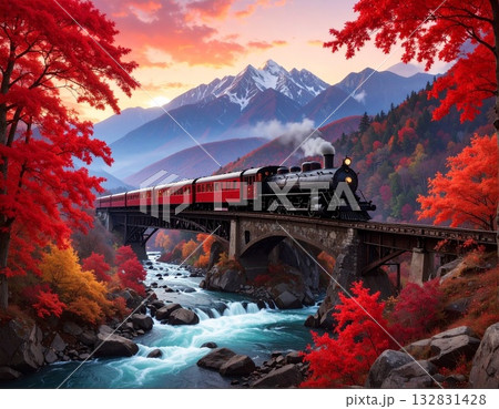 【AI生成画像】イラスト風　紅葉の中を走り抜ける汽車 132831428